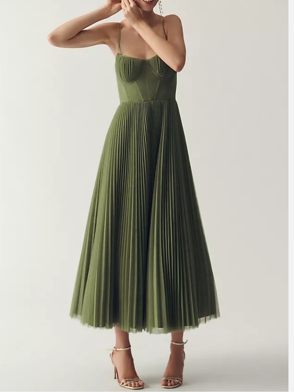 Hutch Olive Corset Pleated Tulle Midi Dress